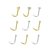 Multi-Pack CZ Heart Flower Screw Nose Rings 9 Pack - 20 Gauge