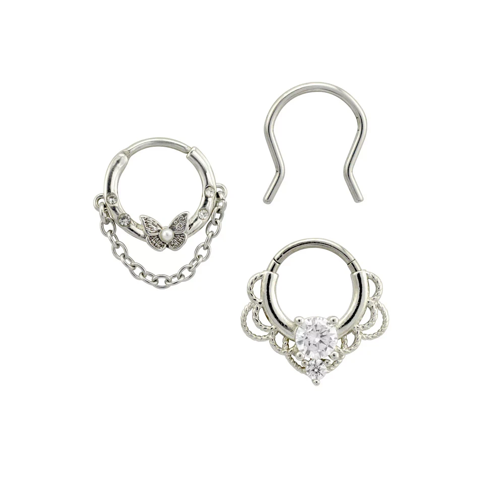 Multi-Pack Silver Ornate Septum Rings 3 Pack - 16 Gauge