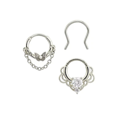 Multi-Pack Silver Ornate Septum Rings 3 Pack - 16 Gauge