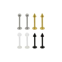 Multi-Pack Silver Black and Gold Titanium Labret Lip Rings 8 Pack - 16 Gauge