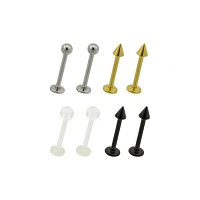 Multi-Pack Silver Black and Gold Titanium Labret Lip Rings 8 Pack - 16 Gauge