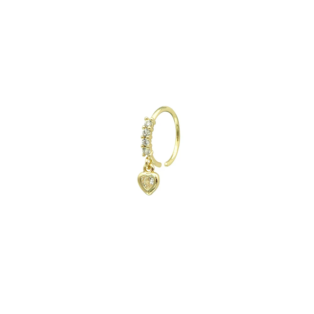 Gold CZ Heart Dangle Nose Ring - 20 Gauge