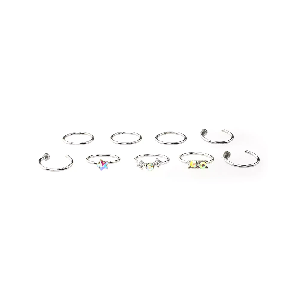 Multi-Pack CZ and Aurora Borealis Effect Hoops and Half Hoop Nose Rings 9 Pack - 20 Gauge