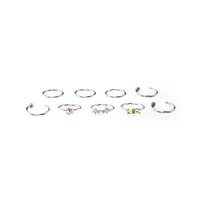 Multi-Pack CZ and Aurora Borealis Effect Hoops and Half Hoop Nose Rings 9 Pack - 20 Gauge