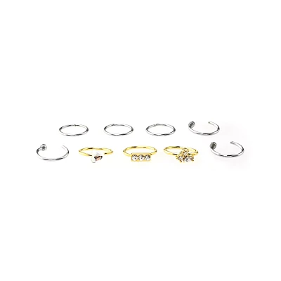 Multi-Pack CZ Silvertone and Goldtone Hoops and Half Hoop Nose Rings 9 Pack - 20 Gauge