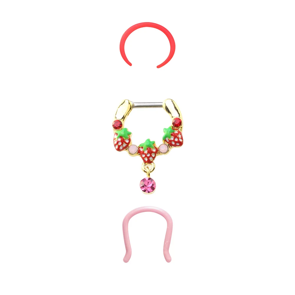Multi-Pack CZ Strawberry Septum Clicker and Retainers 3 Pack - 16 Gauge