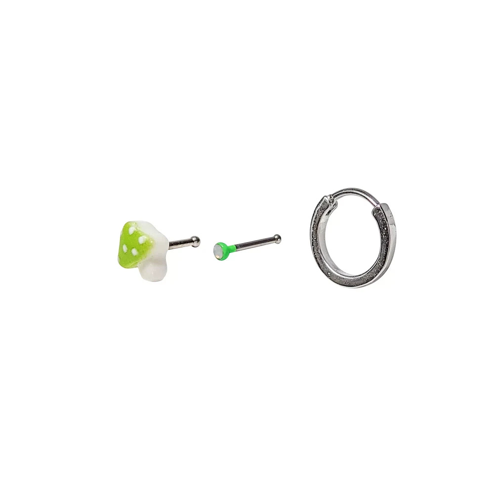 Multi-Pack Green Mushroom Nose Pins and Hoops 3 Pack - 20 Gauge