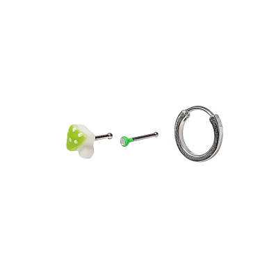 Multi-Pack Green Mushroom Nose Pins and Hoops 3 Pack - 20 Gauge