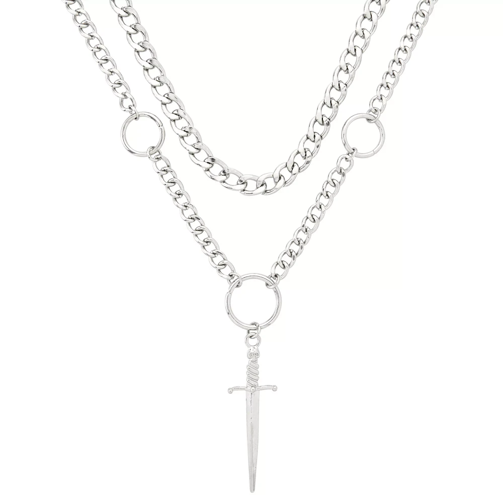 Silvertone Double Row Dagger Pendant Chain Necklace
