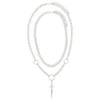Silvertone Double Row Dagger Pendant Chain Necklace