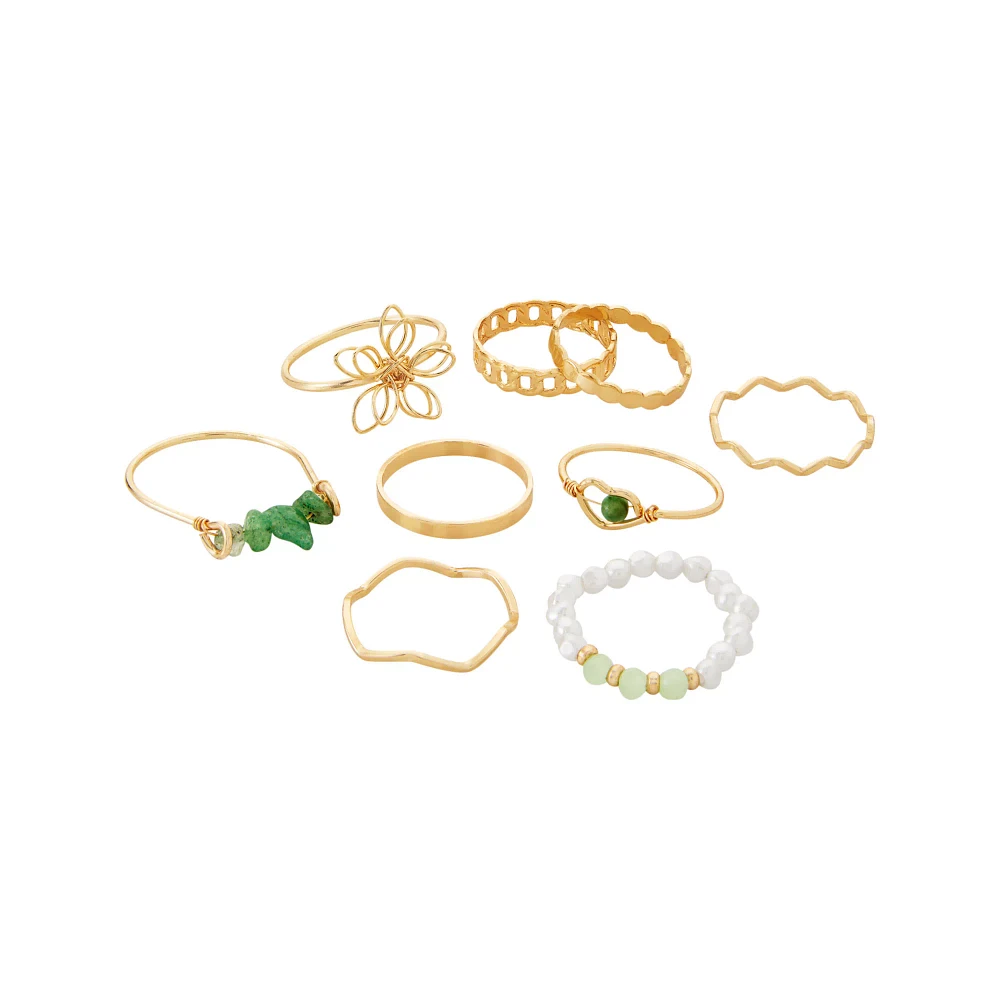Multi-Pack Goldtone Flower Green Gem Band Rings - 9 Pack