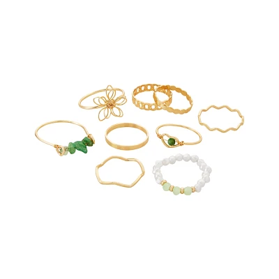 Multi-Pack Goldtone Flower Green Gem Band Rings - 9 Pack
