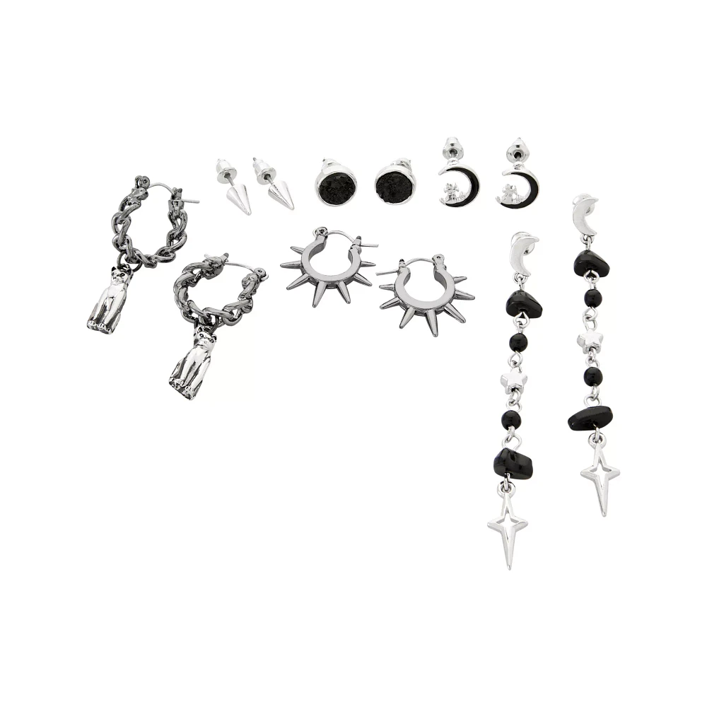 Multi-Pack Silver and Black Spiked Celestial Earrings - 6 Pack