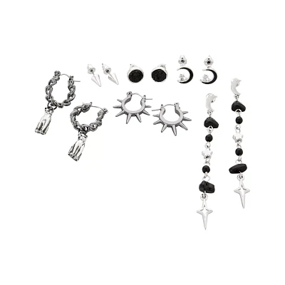 Multi-Pack Silver and Black Spiked Celestial Earrings - 6 Pack