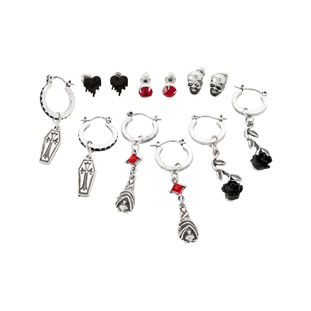 Multi-Pack CZ Coffin and Rose Hoop and Stud Earrings - 6 Pack