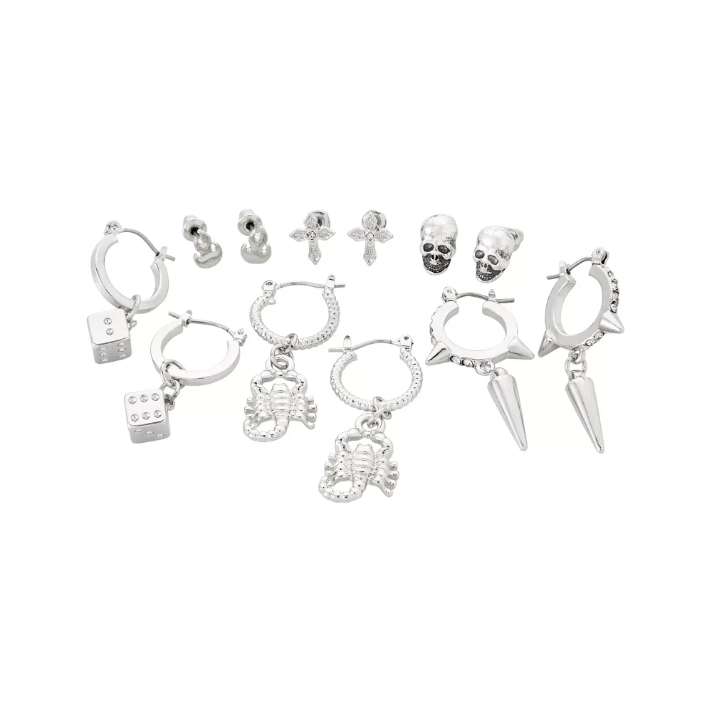 Multi-Pack Silver Skull Scorpion and Dice Stud and Huggie Hoop Earrings - 6 Pack