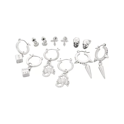 Multi-Pack Silver Skull Scorpion and Dice Stud and Huggie Hoop Earrings - 6 Pack
