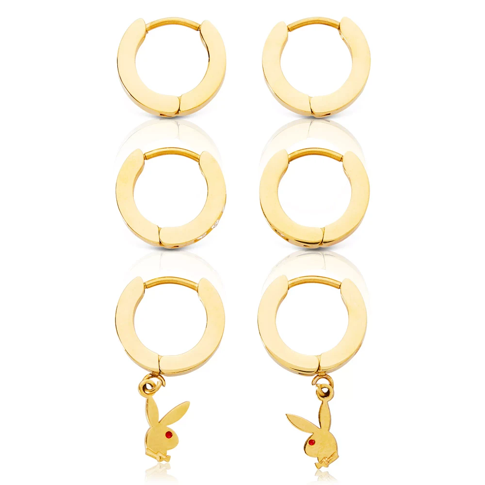CZ Playboy Bunny Goldtone Titanium Hoop Huggie Dangle Earrings 3 Pack - 18 Gauge