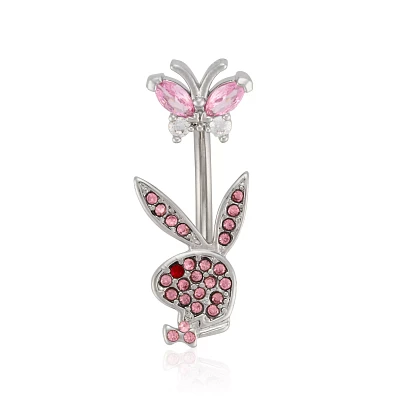 CZ Pink Playboy Bunny Butterfly Belly Ring - 14 Gauge