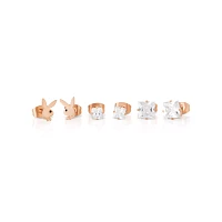 Multi-Pack CZ Rose Goldtone Playboy Bunny Titanium Stud Earrings 3 Pair - 20 Gauge