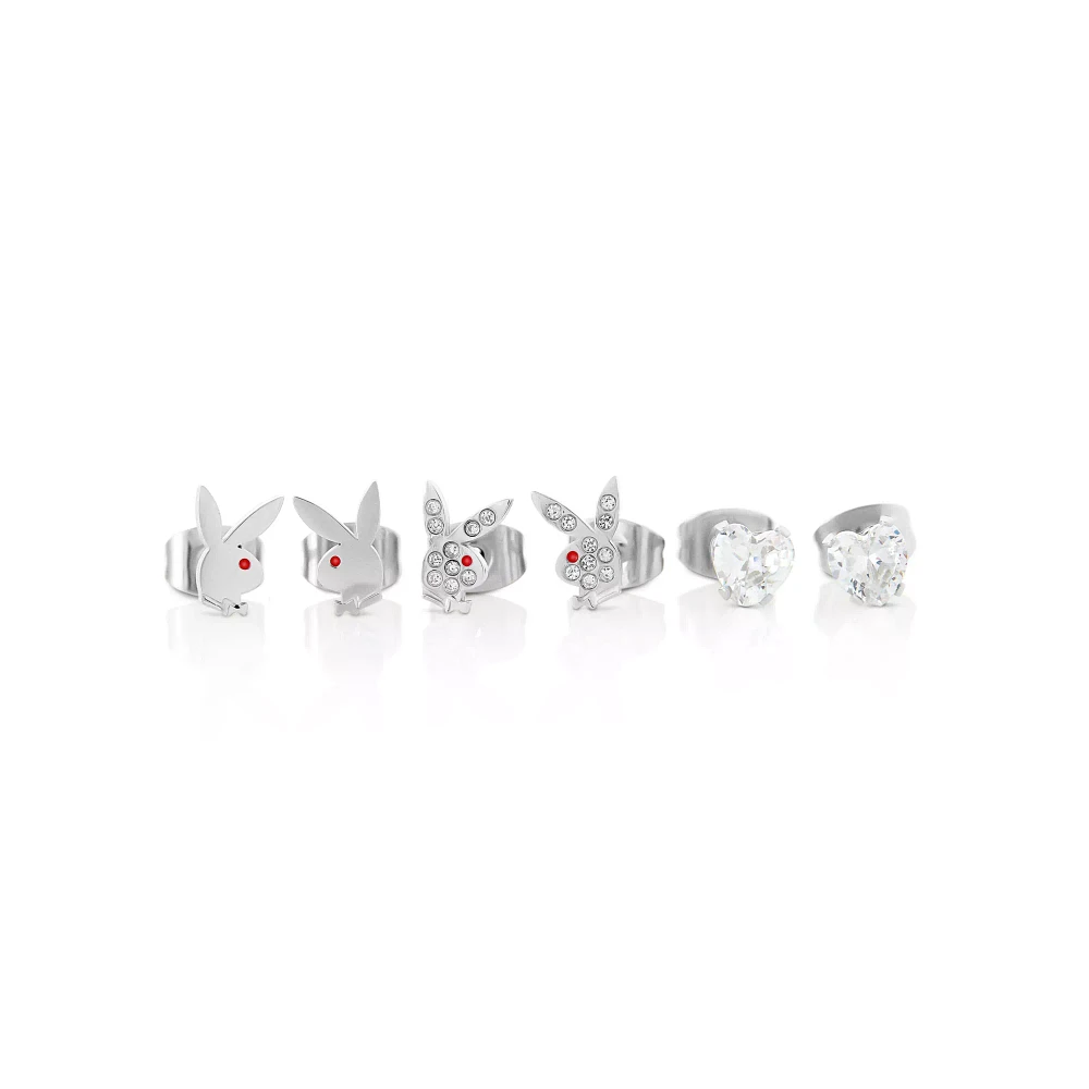 Multi-Pack CZ Silvertone Playboy Bunny Titanium Heart Stud Earrings - 3 Pair