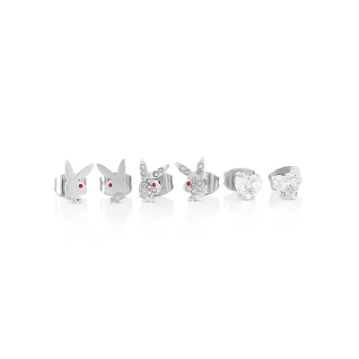Multi-Pack CZ Silvertone Playboy Bunny Titanium Heart Stud Earrings - 3 Pair