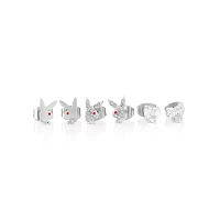 Multi-Pack CZ Silvertone Playboy Bunny Titanium Heart Stud Earrings - 3 Pair