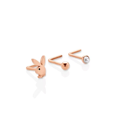 Multi-Pack Titanium and CZ Rose Goldplated Playboy L-Bend Nose Rings 3 Pack - 20 Gauge