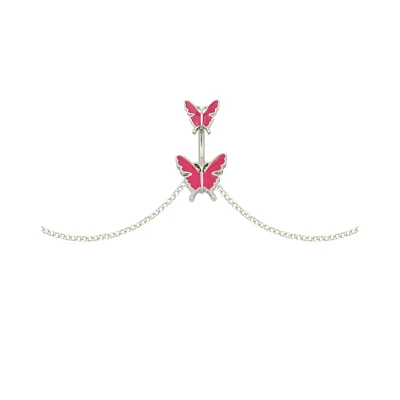 Pink and Silver Butterfly Chain Belly Ring - 14 Gauge