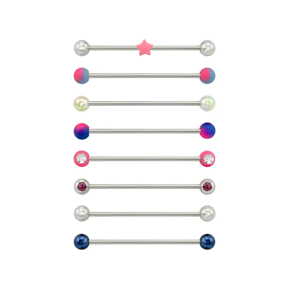 Multi-Pack CZ Silvertone Pink and Blue Star Industrial Barbells 8 Pack - 14 Gauge