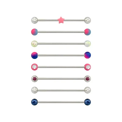 Multi-Pack CZ Silvertone Pink and Blue Star Industrial Barbells 8 Pack - 14 Gauge