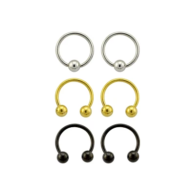 Multi-Pack Silvertone Goldtone and Black Captive Bead Rings and Horseshoe Rings 6 Pack - 16 Gauge