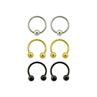 Multi-Pack Silvertone Goldtone and Black Captive Bead Rings and Horseshoe Rings 6 Pack - 16 Gauge