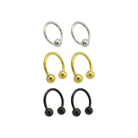 Multi-Pack Silvertone Goldtone and Black Captive Bead Rings and Horseshoe Rings 6 Pack - 16 Gauge