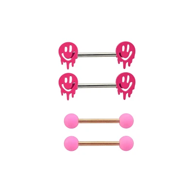 Multi-Pack Pink Drip Smiley Face Barbells 4 Pack - 14 Gauge
