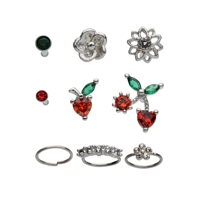 Multi-Pack Red CZ Cherry Heart Hoops and Bone Nose Rings 9 Pack - 20 Gauge