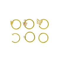 Multi-Pack CZ Goldtone Titanium Butterfly Hoop and Half Nose Rings 6 Pack - 20 Gauge