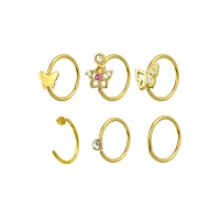 Multi-Pack CZ Goldtone Titanium Butterfly Hoop and Half Nose Rings 6 Pack - 20 Gauge