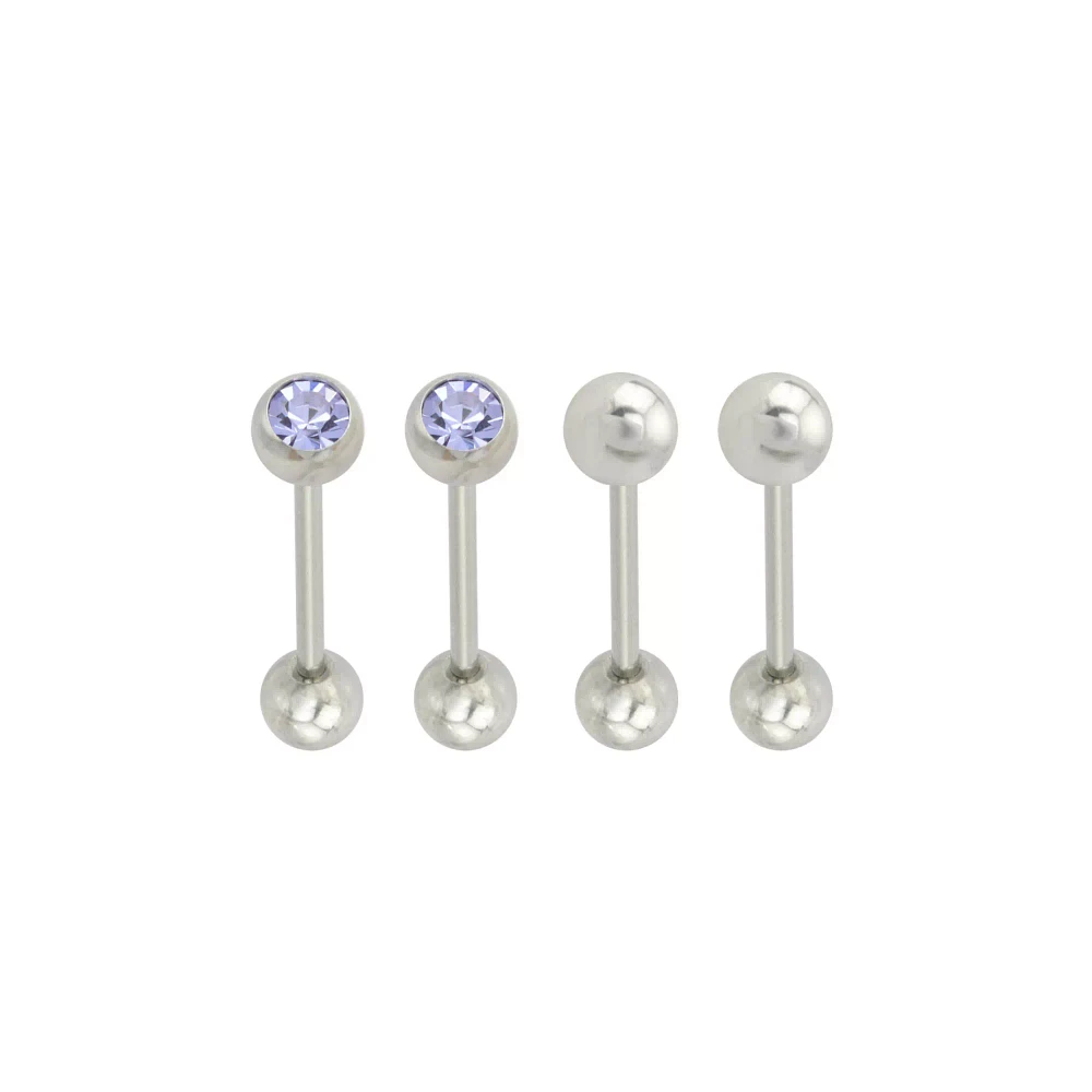 Multi-Pack CZ Purple Silvertone Barbells 4 Pack - 14 Gauge