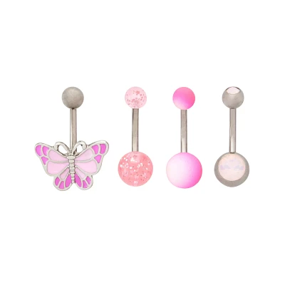 Multi-Pack CZ Pink and Purple Butterfly Belly Rings 4 Pack - 14 Gauge