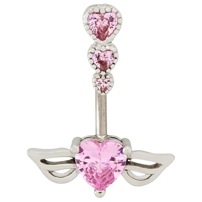 Pink CZ Winged Heart Titanium Belly Ring - 14 Gauge
