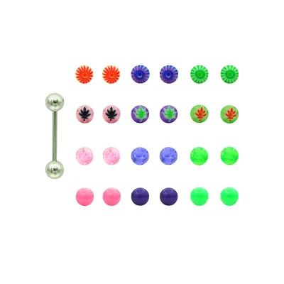 Barbell with Multi-Color Leaf and Glitter Extra Balls - 14 Gauge