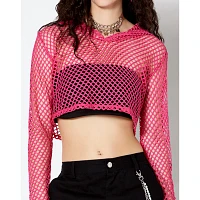 Pink Open Mesh Cropped Hoodie