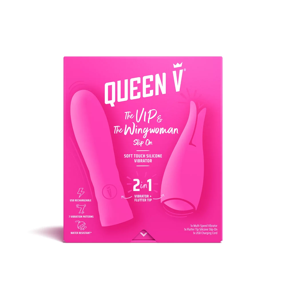 Queen V The VIP and The Wingwoman 7-Function Rechargeable 2 in 1 Vibrator - 5.3 Inch