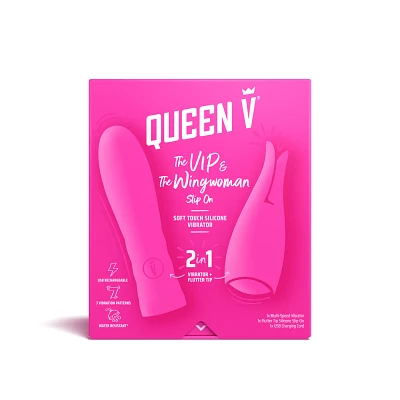 Queen V The VIP and The Wingwoman 7-Function Rechargeable 2 in 1 Vibrator - 5.3 Inch