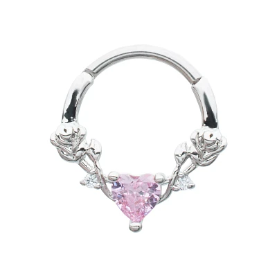 Pink Heart CZ Rose Hinged Septum Ring - 16 Gauge