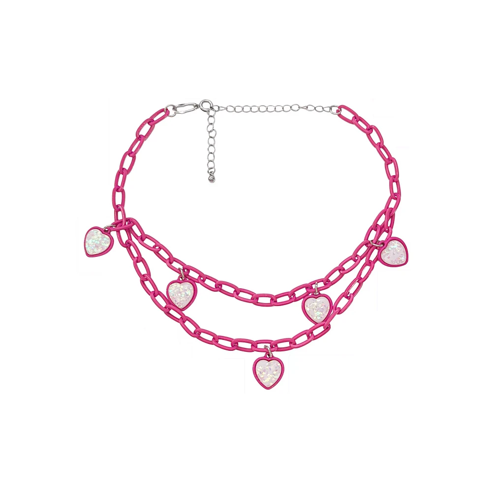 2 Row Pink Iridescent Heart Chain Choker Necklace