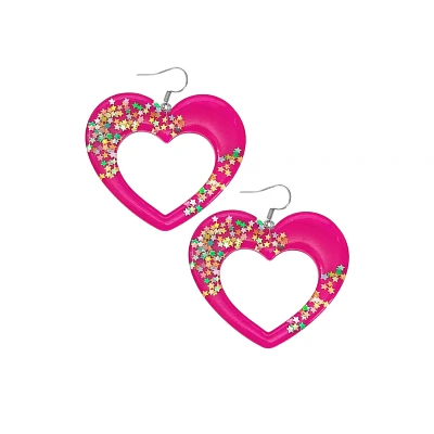 Pink Acrylic Glitter Heart Dangle Earrings