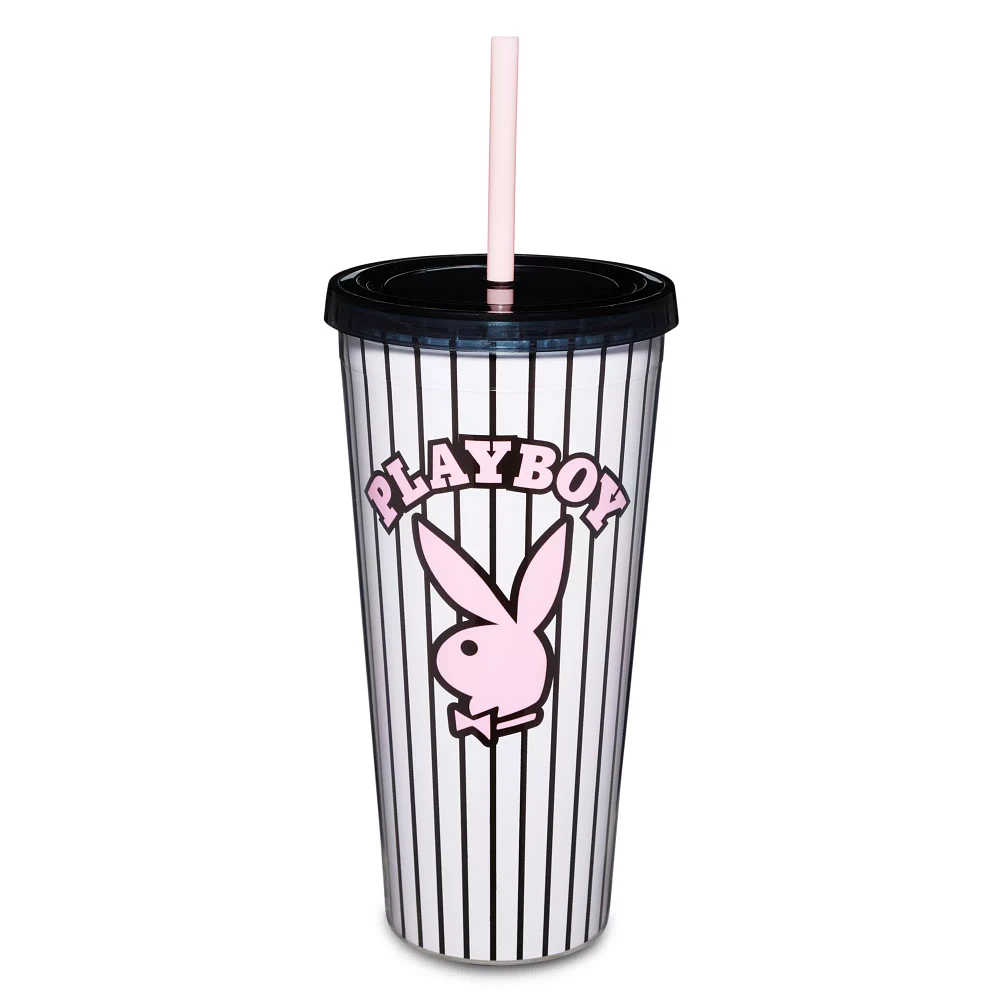 Playboy Bunny Pinstripe Cup with Straw - 20 oz.