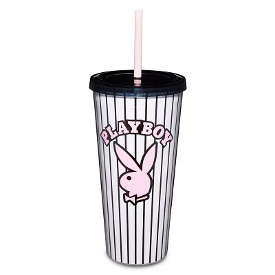 Playboy Bunny Pinstripe Cup with Straw - 20 oz.
